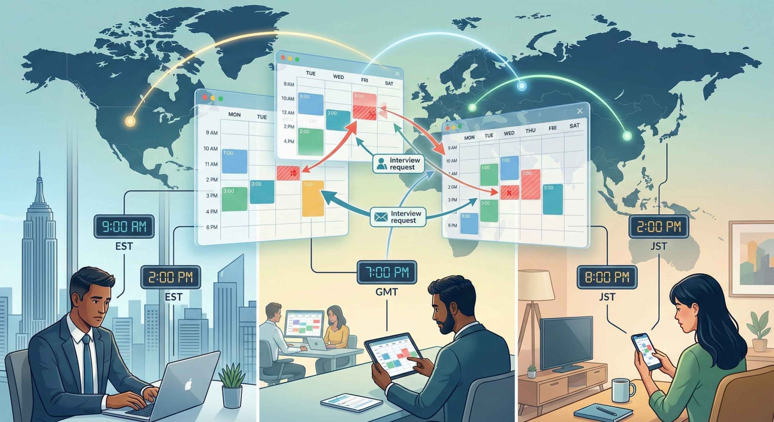 Interview scheduling challenges caused by different time zones in global hiring