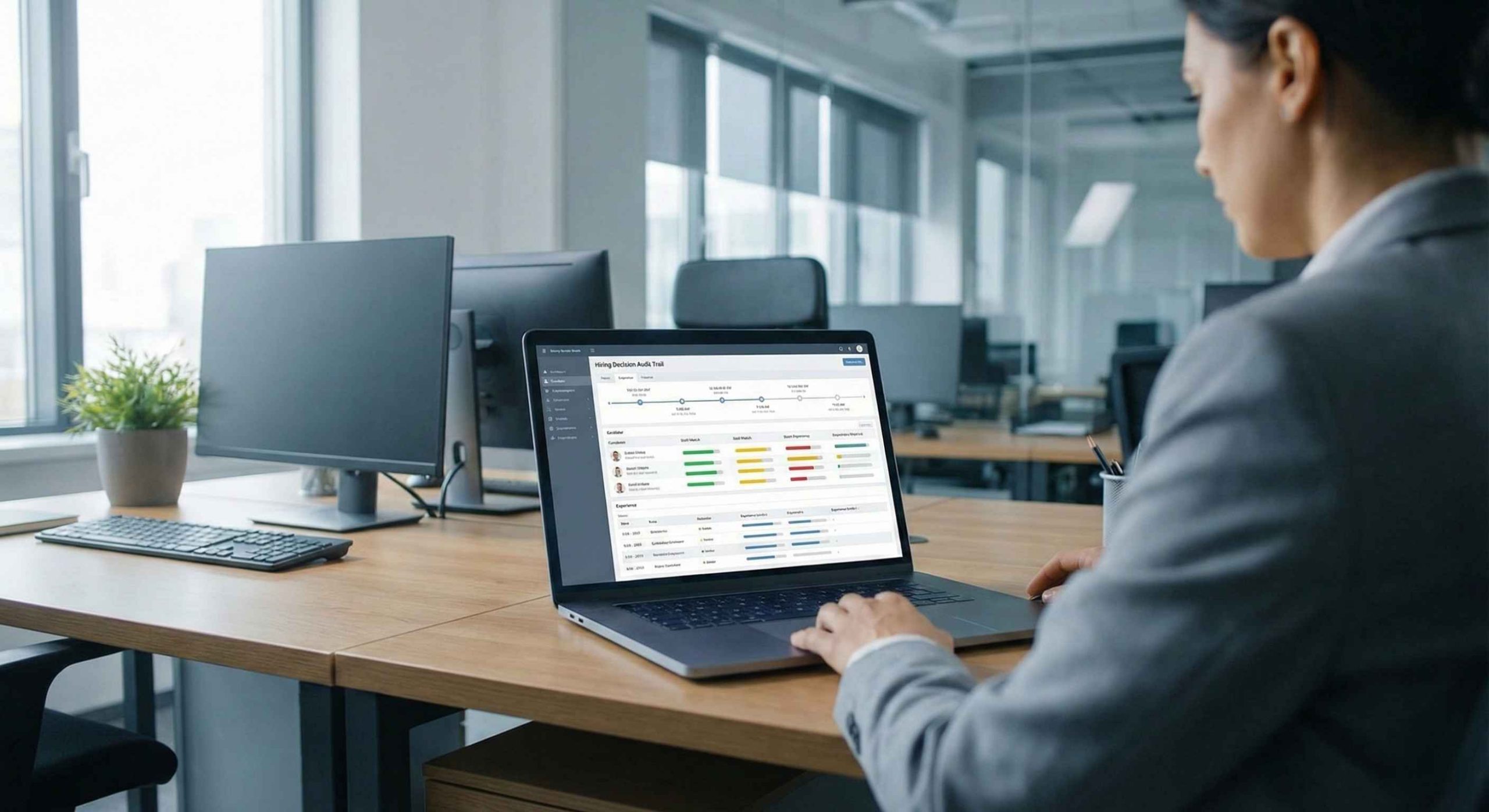 Recruiter reviewing explainable AI audit trails designed to Prevent Candidate Backlash