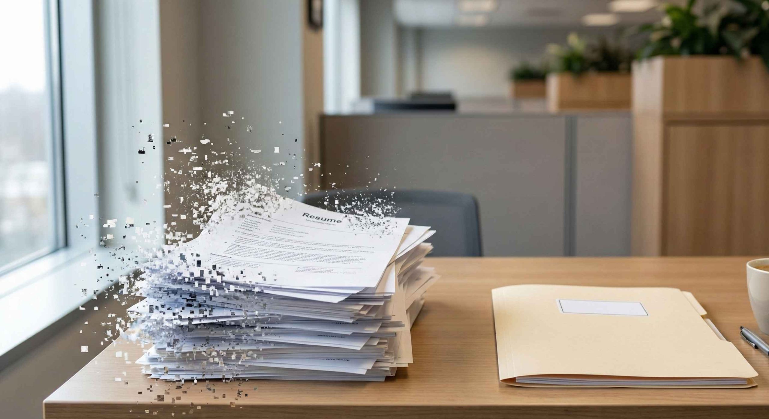 Recruiter desk overwhelmed by resumes fading into digital noise, representing application inflation in modern hiring.