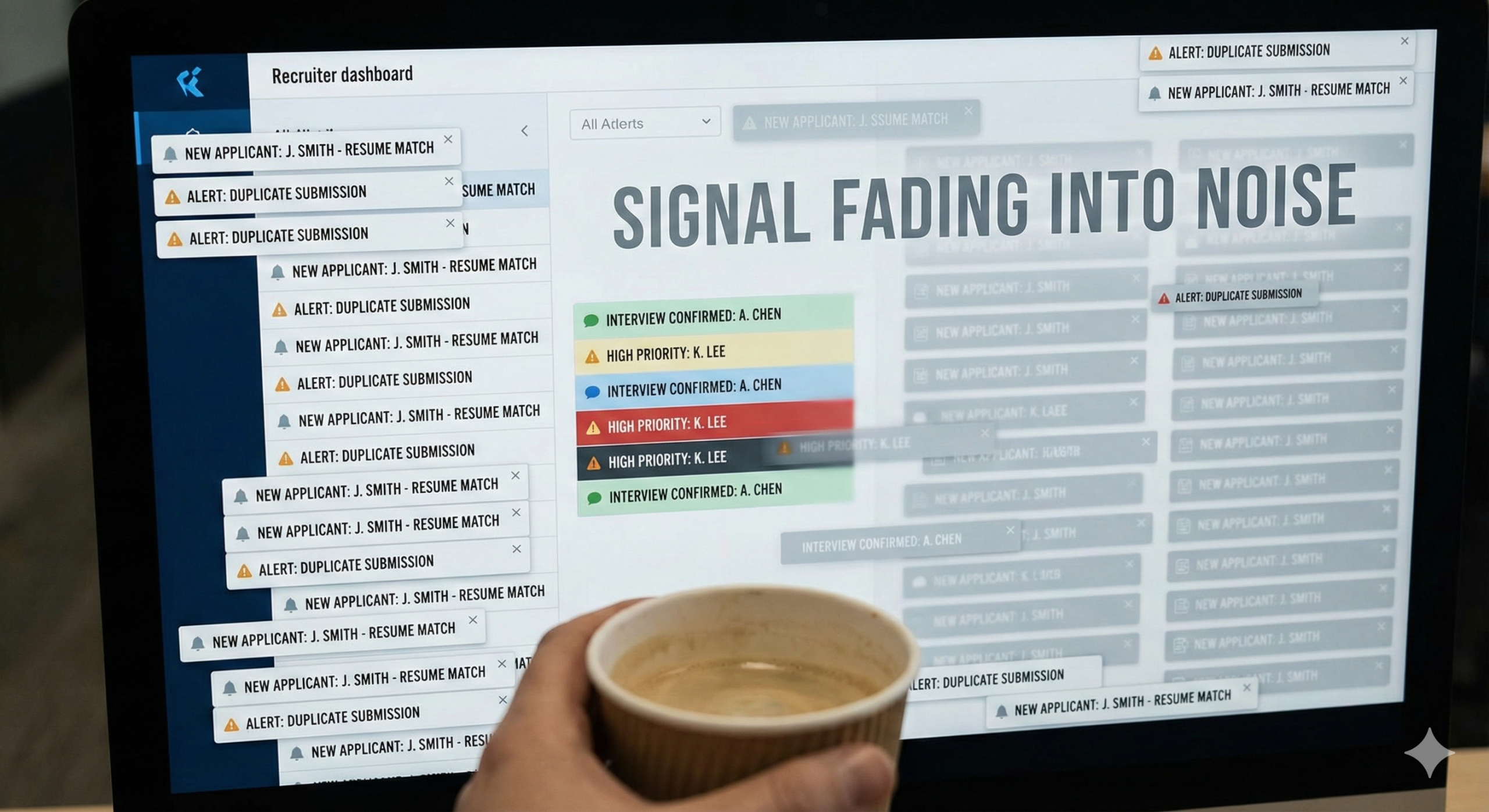 Recruiter dashboard overwhelmed by repetitive resumes and alerts, illustrating the signal-to-noise problem in modern hiring.