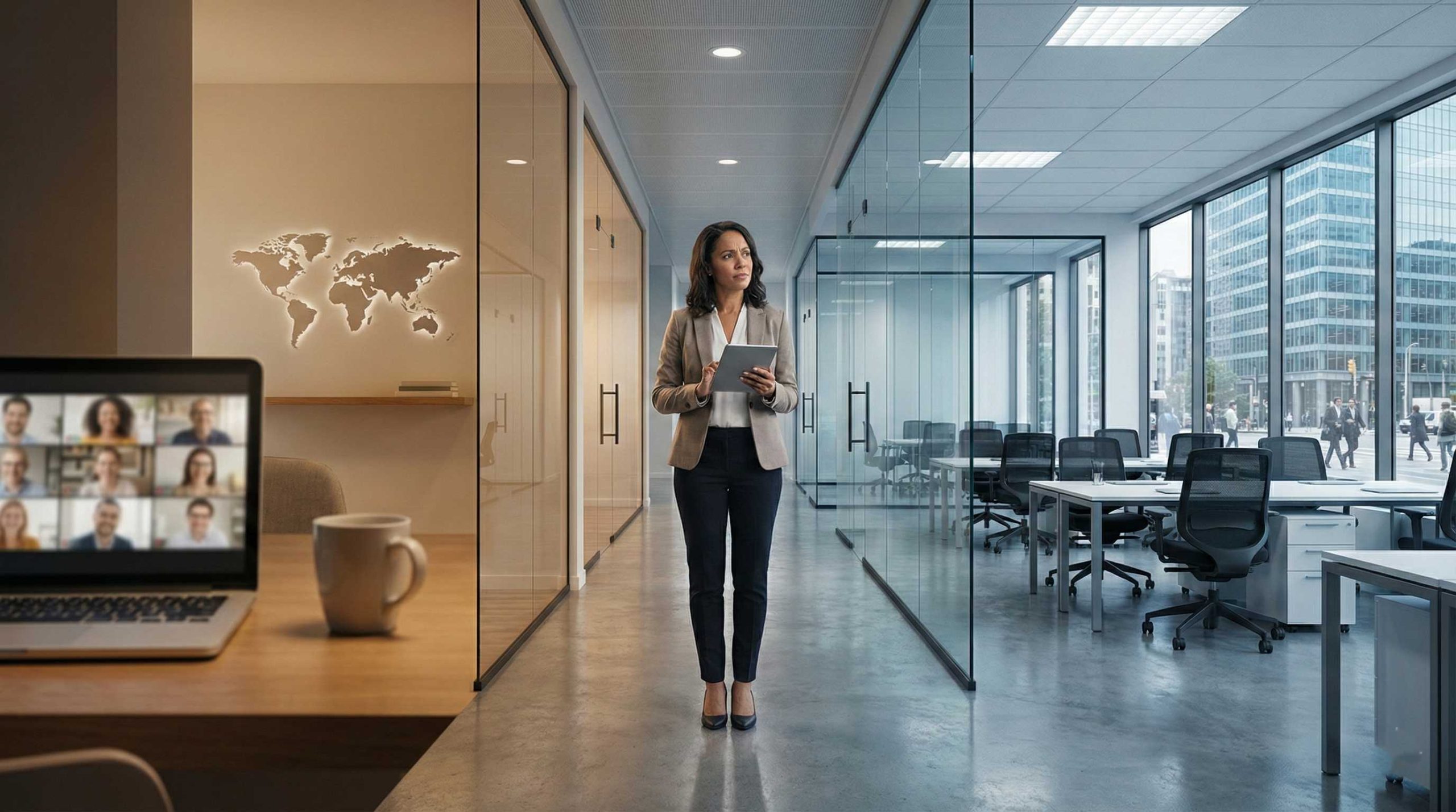 Recruiter standing between remote work and office environments, representing remote vs RTO hiring challenges in the US and Canada