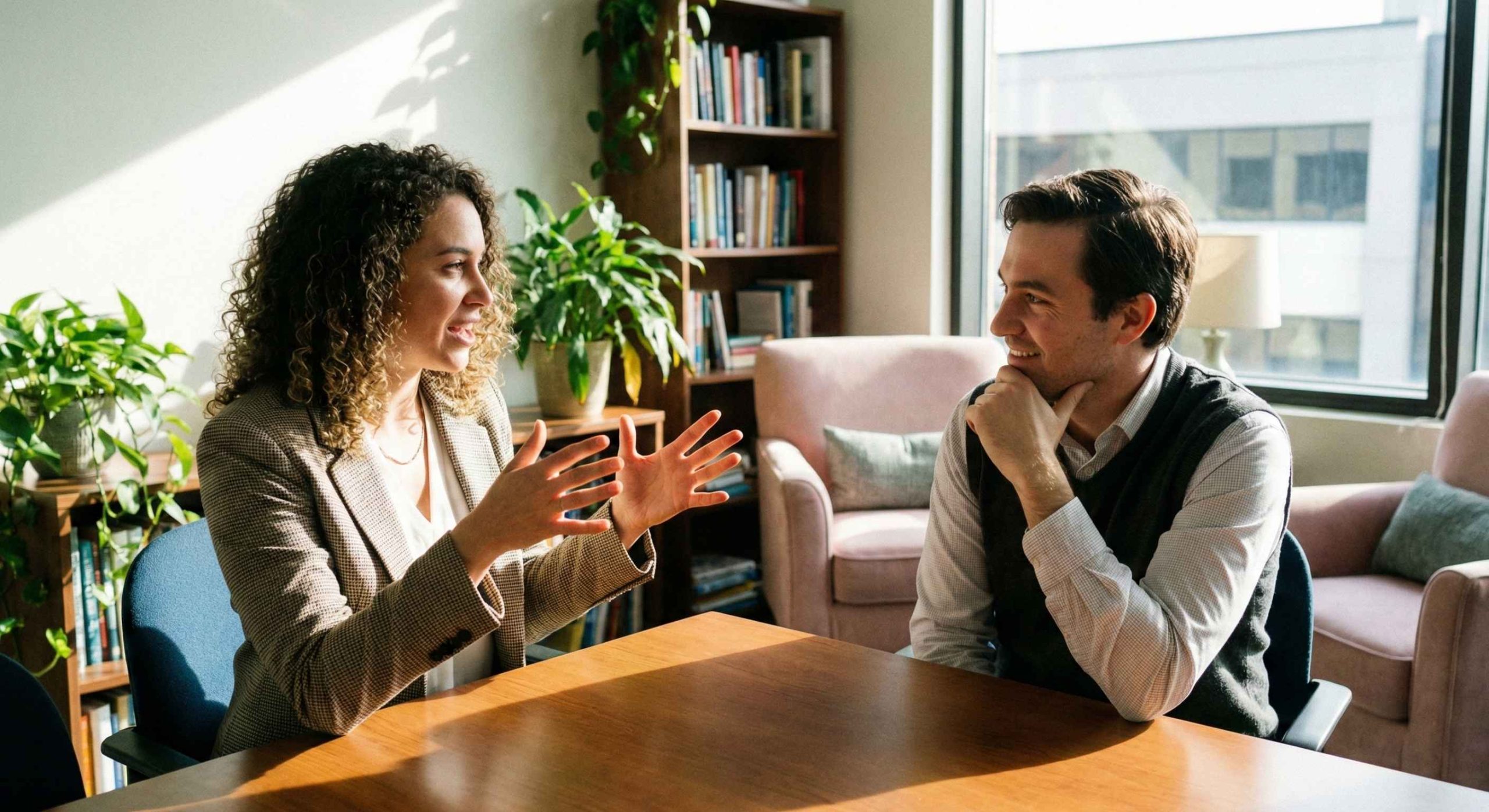 Recruiter listening as a candidate explains their thinking during a structured conversation