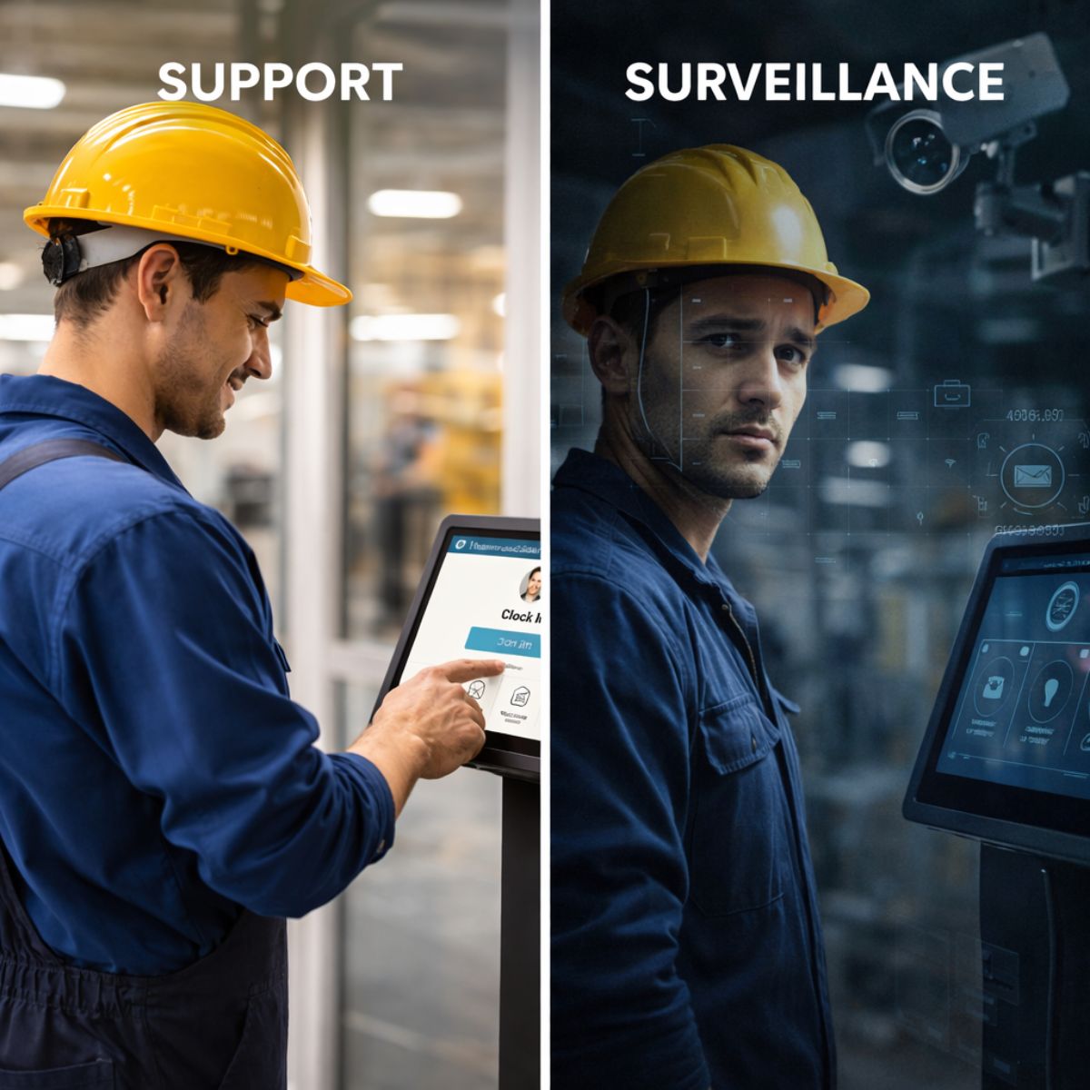 Split visual showing ethical AI support versus surveillance at a frontline HR time clock.