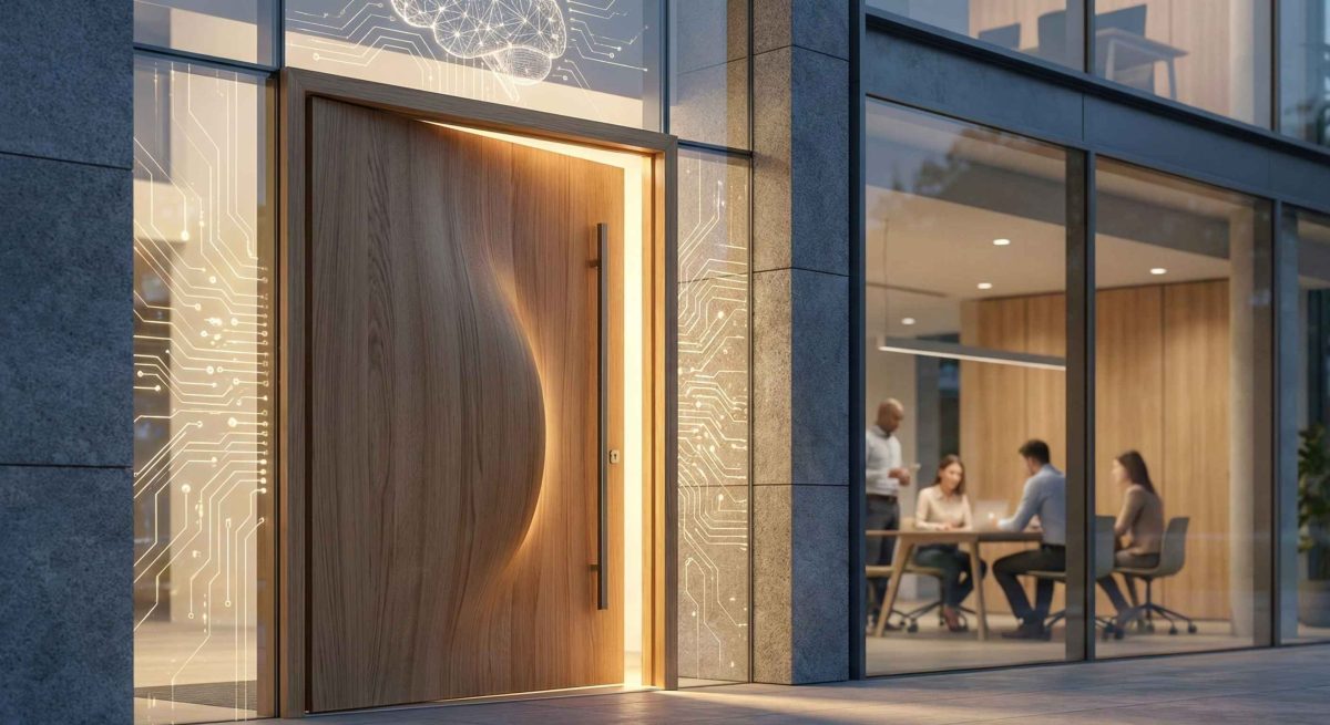 Modern office entrance symbolizing the shift to AI-led candidate intake while recruiters focus on decision-making inside.