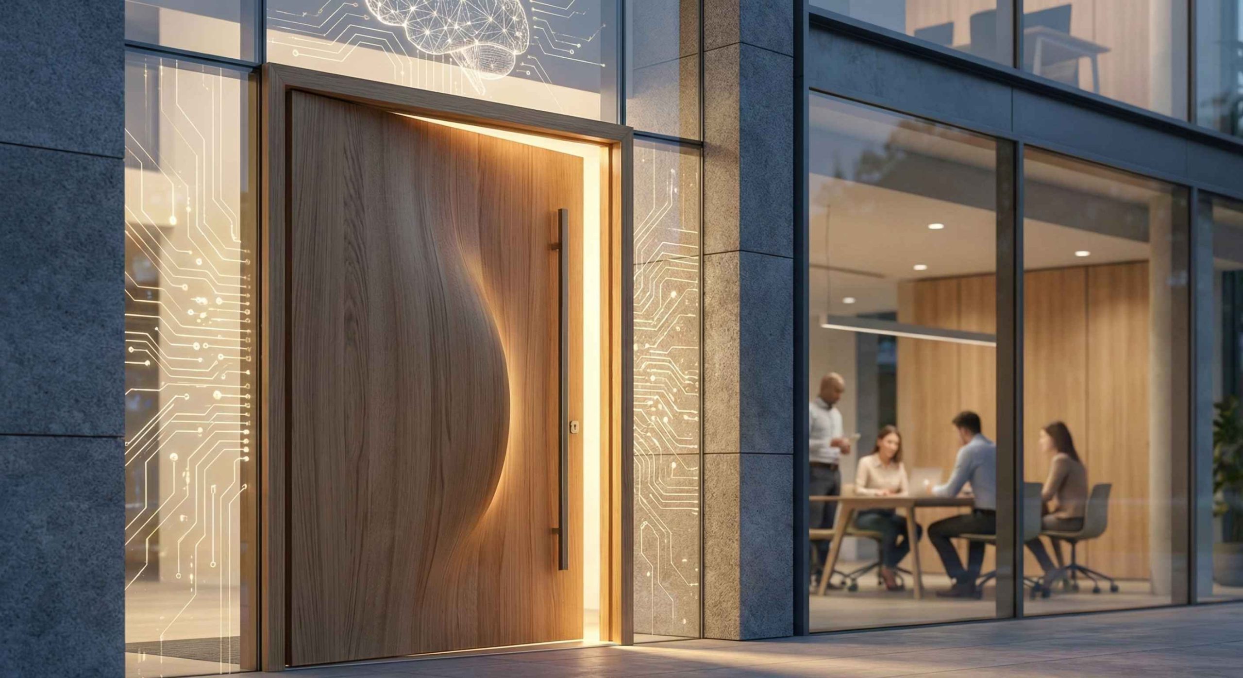 Modern office entrance symbolizing the shift to AI-led candidate intake while recruiters focus on decision-making inside.