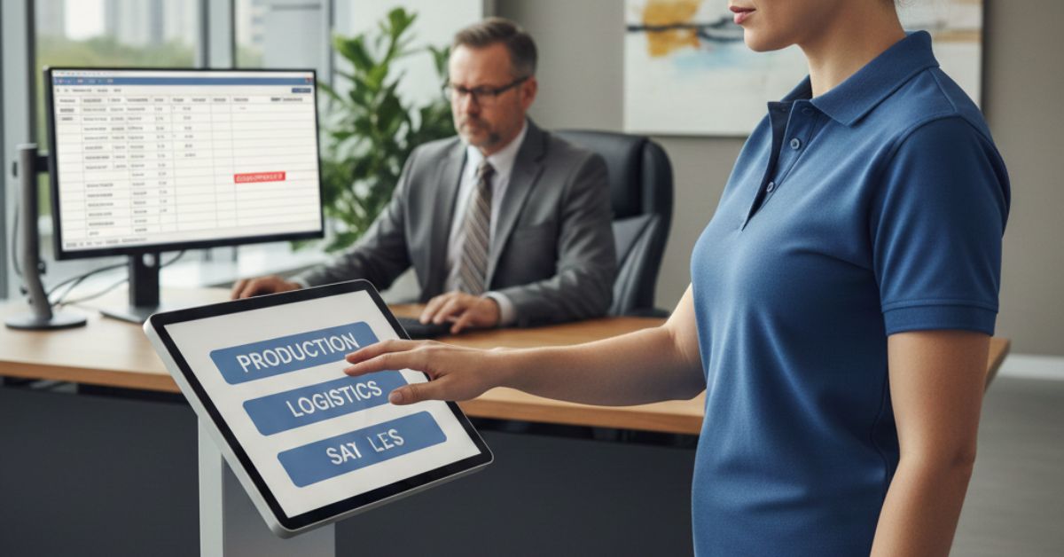 Frontline employee clocking in on a tablet while HR reviews payroll data affected by unscheduled shifts and department transfers