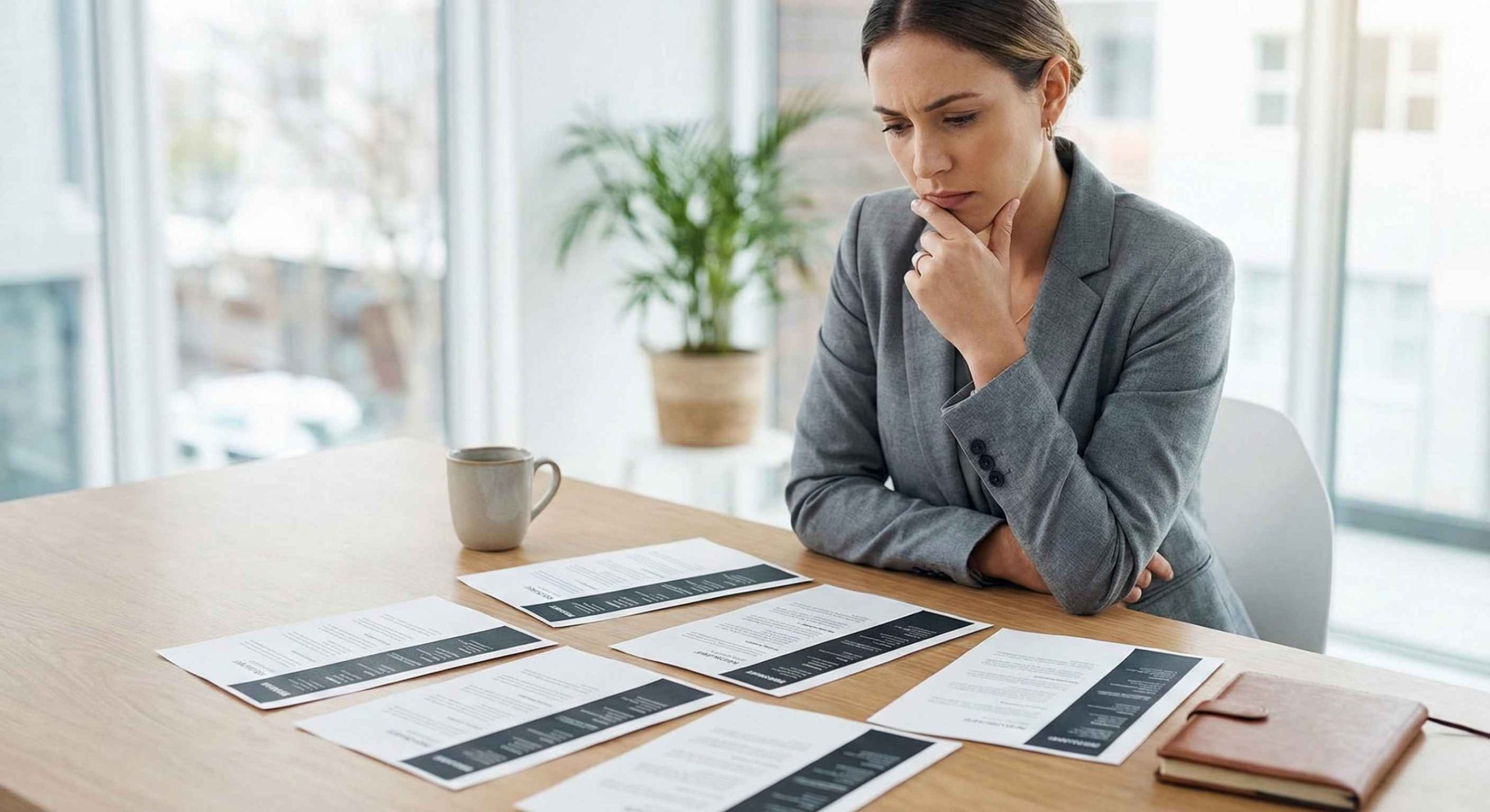 Recruiter reviewing multiple resumes that look identical, representing loss of differentiation in hiring