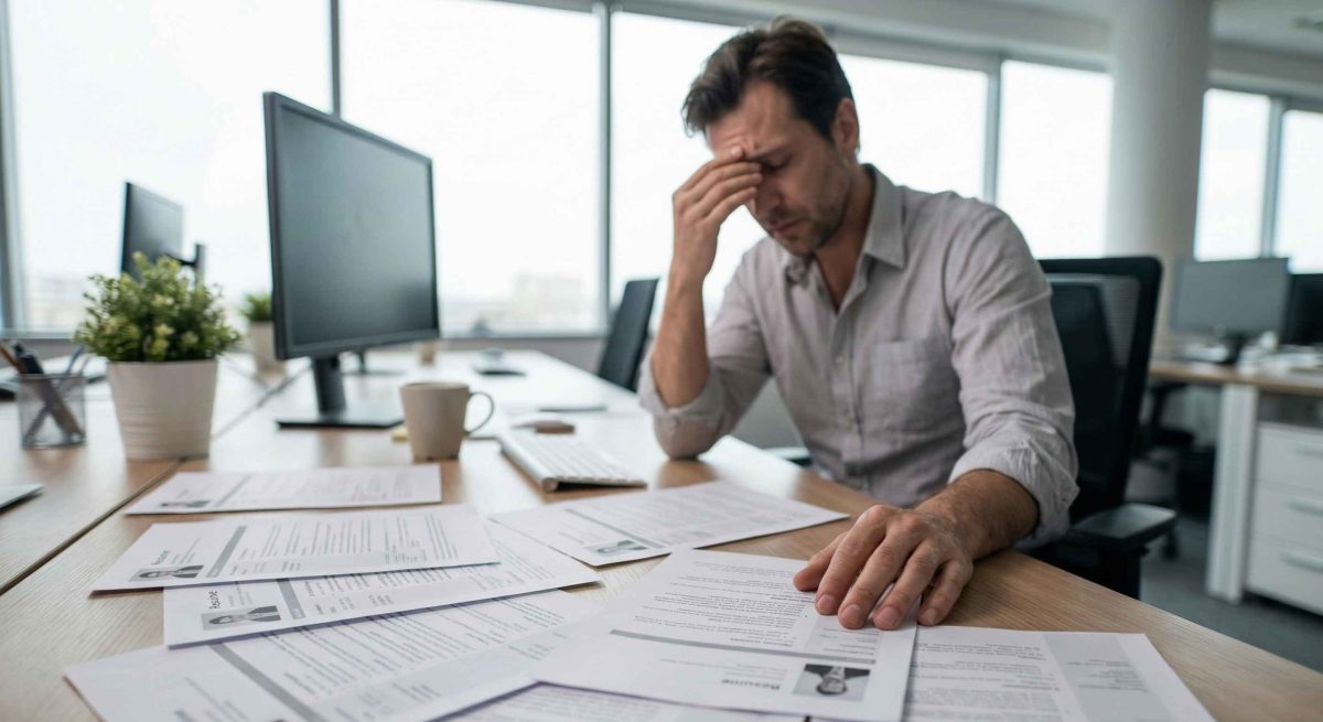 Recruiter reviewing multiple resumes that look identical, representing loss of differentiation in modern hiring