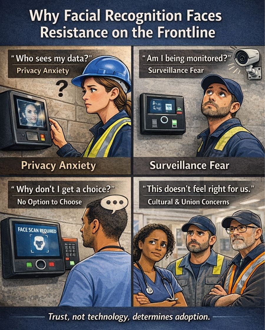 Infographic showing frontline employee concerns with facial recognition time clock systems, including privacy, surveillance, and lack of choice.