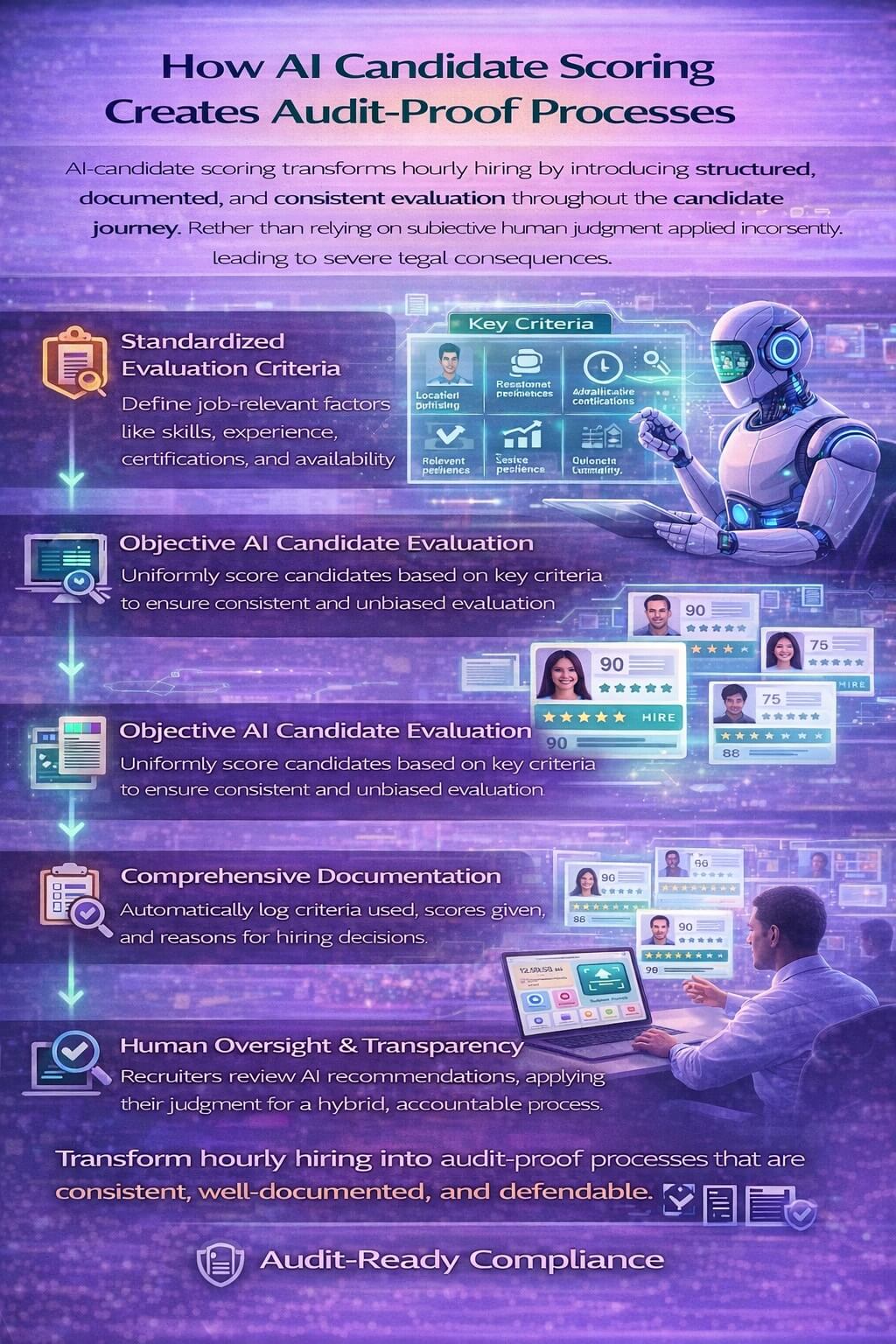 Infographic showing how AI candidate scoring creates audit-proof hiring by applying consistent, job-related evaluation criteria with transparent documentation and human review