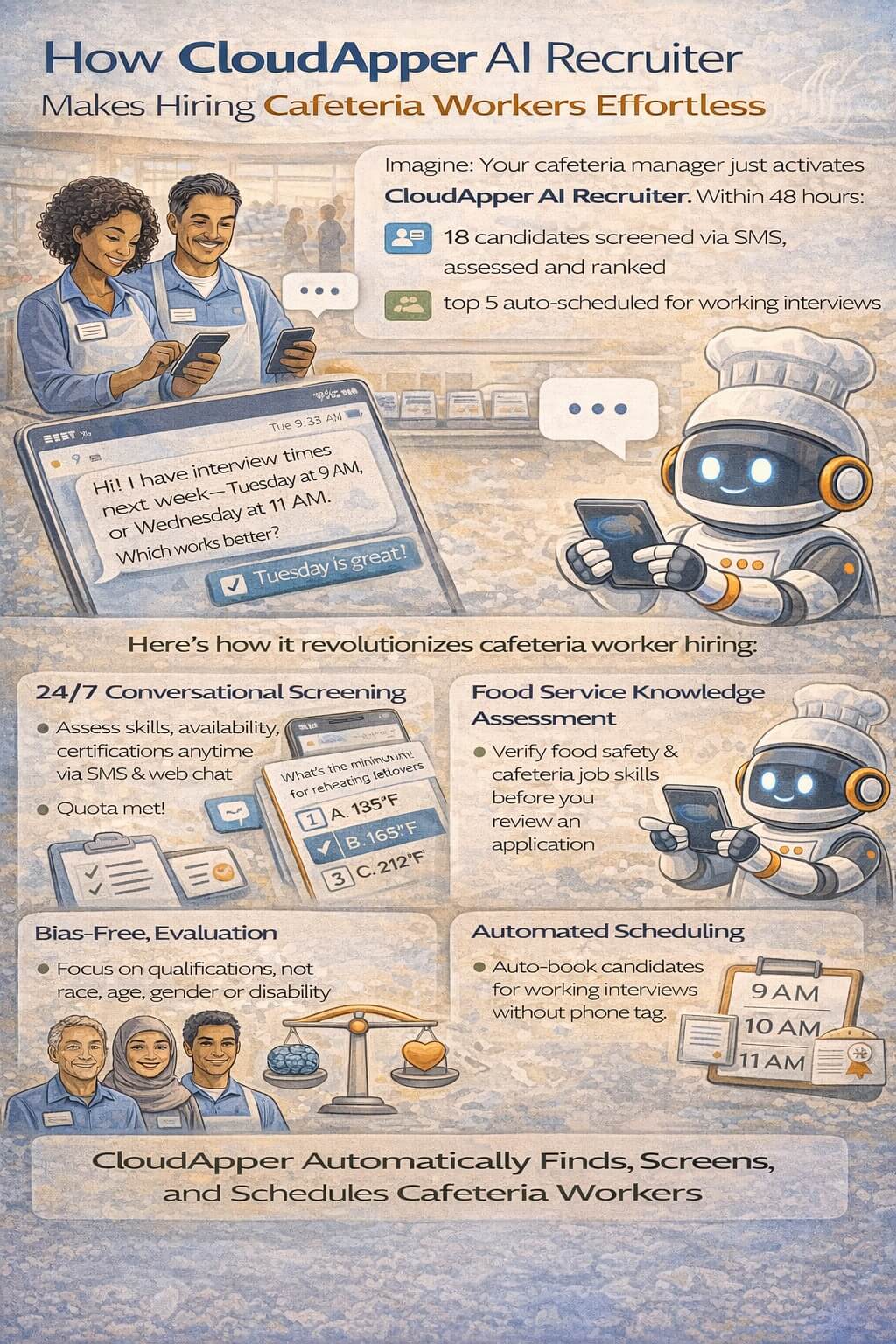 Clean infographic showing how AI simplifies cafeteria worker hiring with 24/7 SMS screening, food service skill checks, bias-free evaluation, and automatic interview scheduling for school districts.