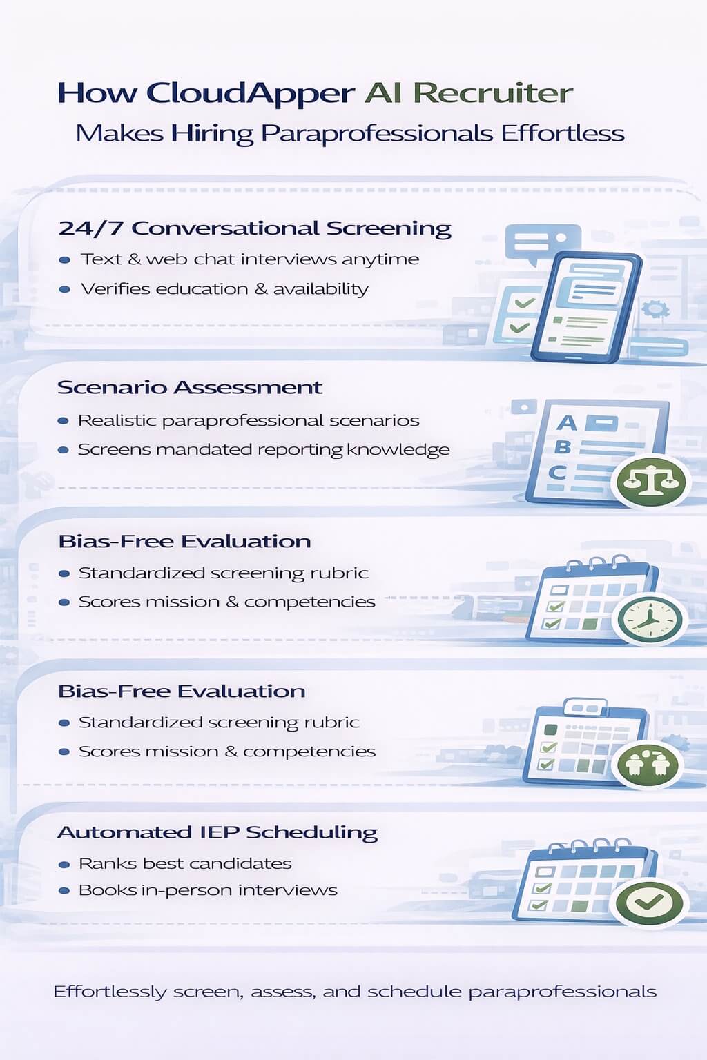 Infographic showing how AI recruiter automates paraprofessional hiring with 24/7 screening, scenario assessment, bias-free evaluation, and automated interview scheduling.