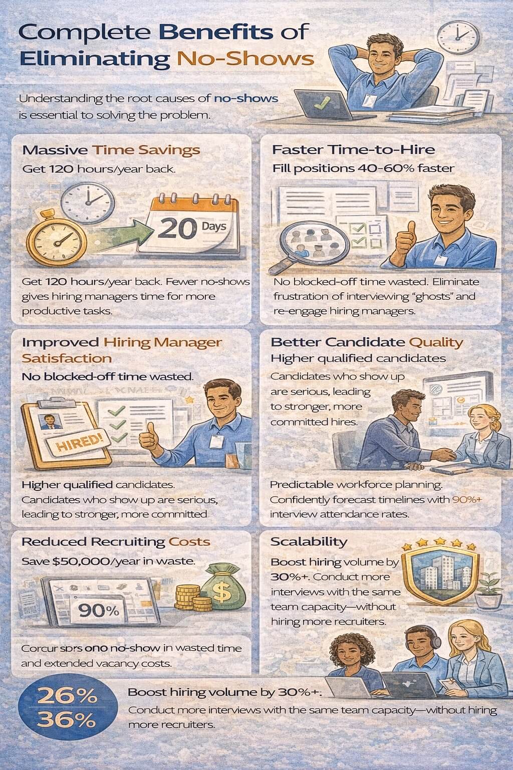 Infographic showing the benefits of eliminating interview no-shows, including major time savings, faster time-to-hire, improved hiring manager satisfaction, better candidate quality, reduced recruiting costs, and scalable hiring operations.