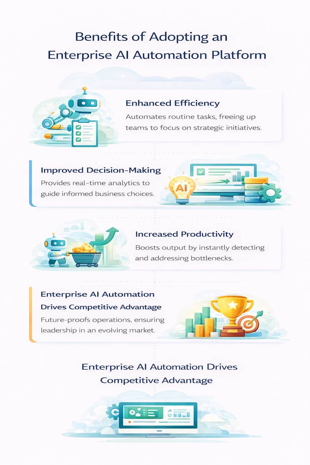 Infographic showing benefits of an enterprise AI automation platform including efficiency gains, improved decision-making, increased productivity, and competitive advantage
