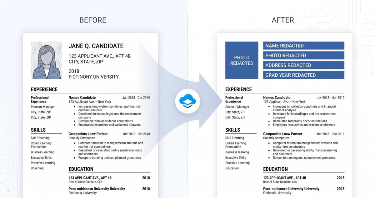Blind resume screening software removing name, photo, and personal identifiers from a resume before recruiter review