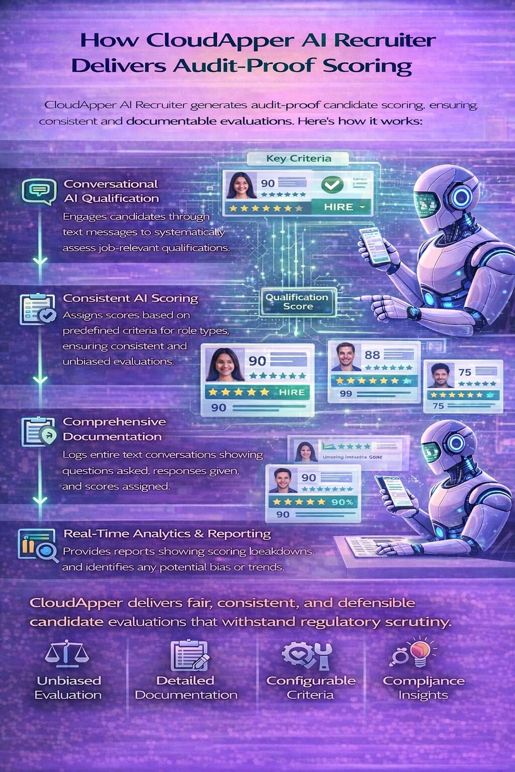 Infographic showing how CloudApper AI Recruiter delivers audit-proof candidate scoring through conversational AI, consistent evaluation criteria, detailed documentation, and compliance reporting