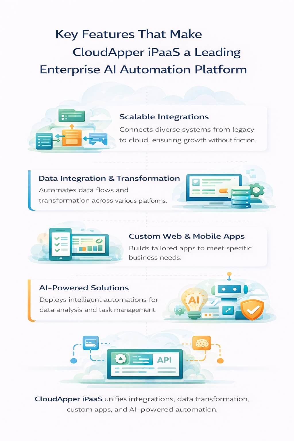Infographic showing key features of an enterprise AI automation platform including scalable integrations, data transformation, custom applications, and AI-powered automation
