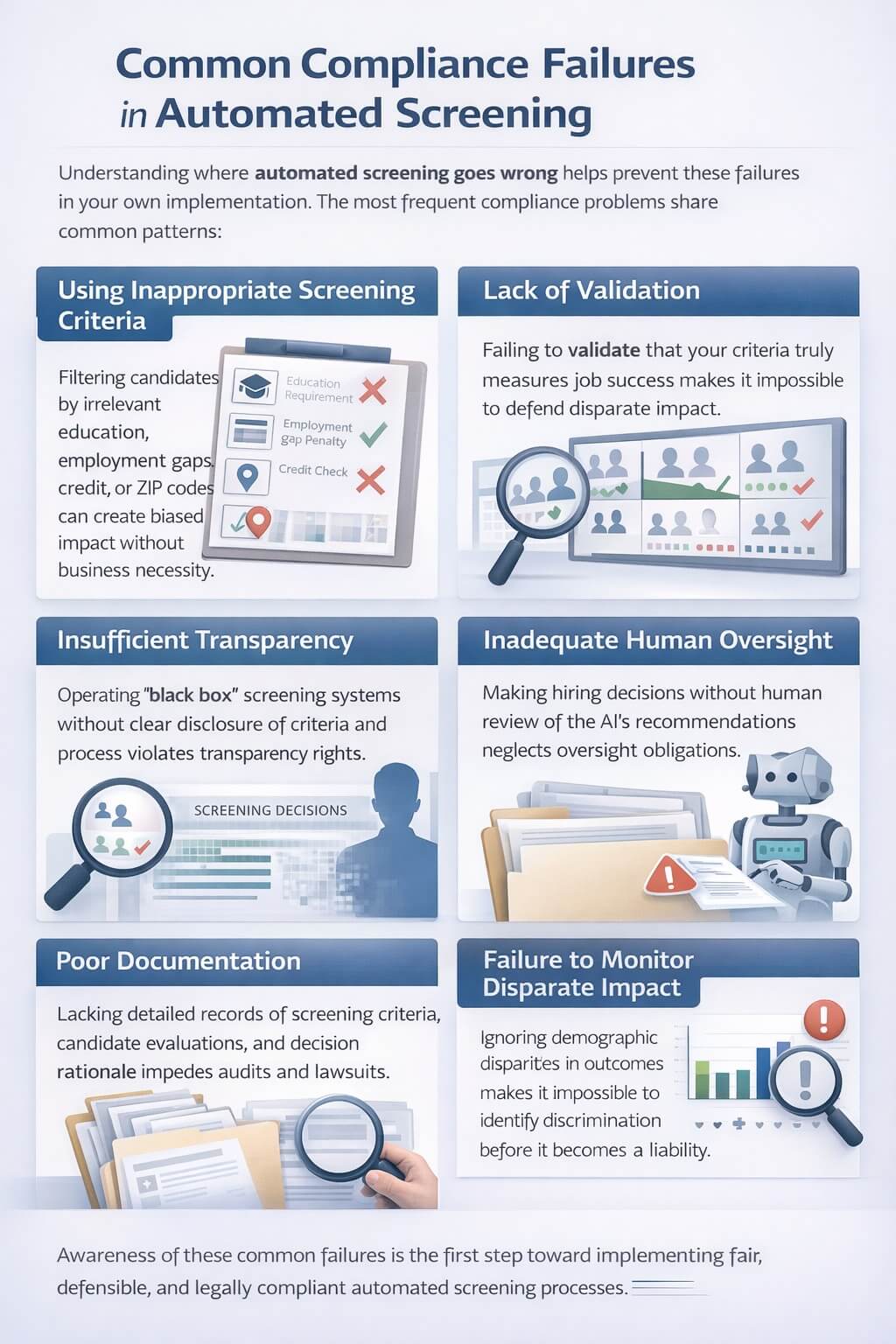 Infographic outlining common compliance failures in automated hiring screening, including inappropriate criteria, lack of validation, limited transparency, inadequate human oversight, poor documentation, and unmonitored disparate impact.