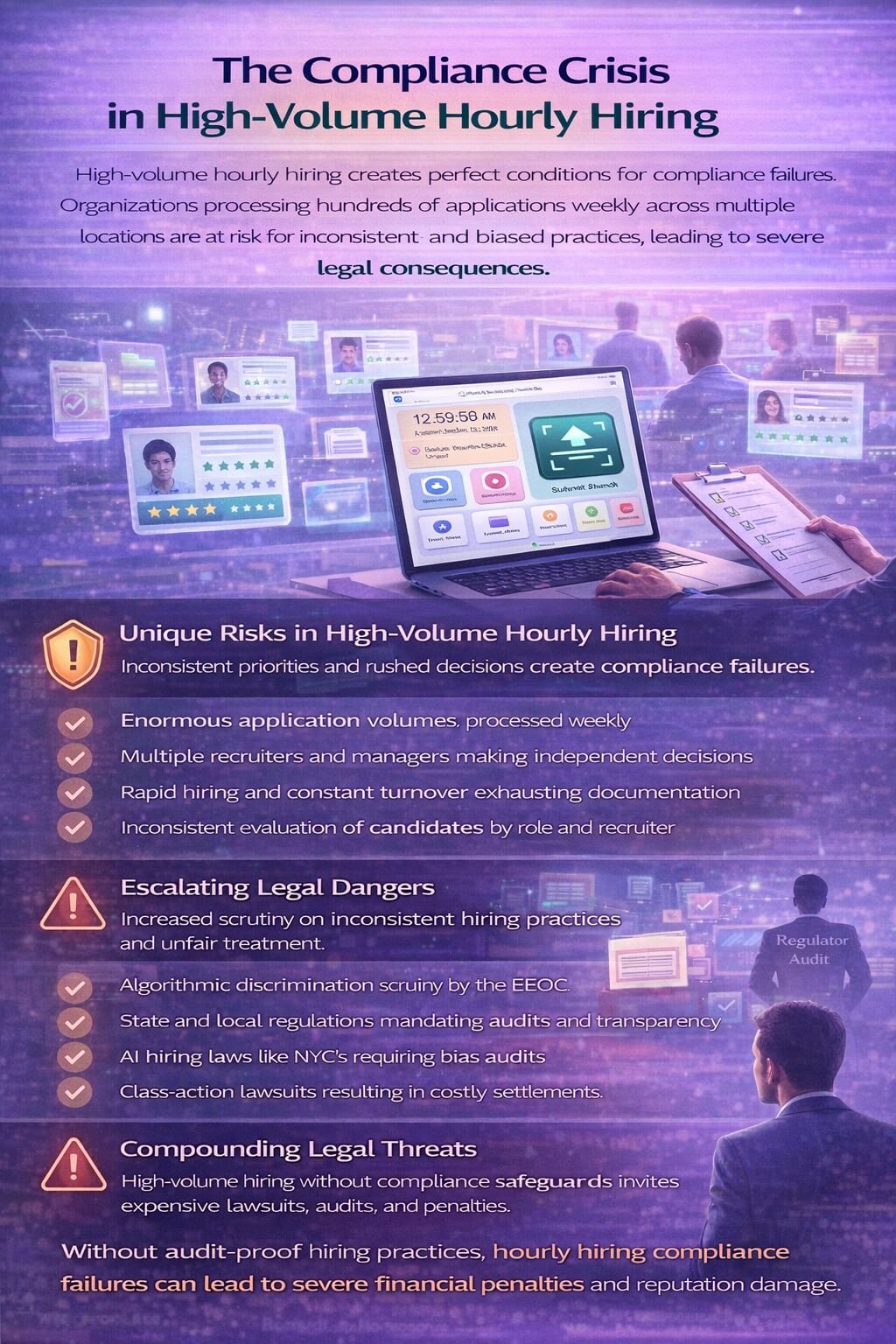 Infographic illustrating compliance risks in high-volume hourly hiring, including inconsistent decision-making, legal scrutiny, AI hiring regulations, and audit challenges