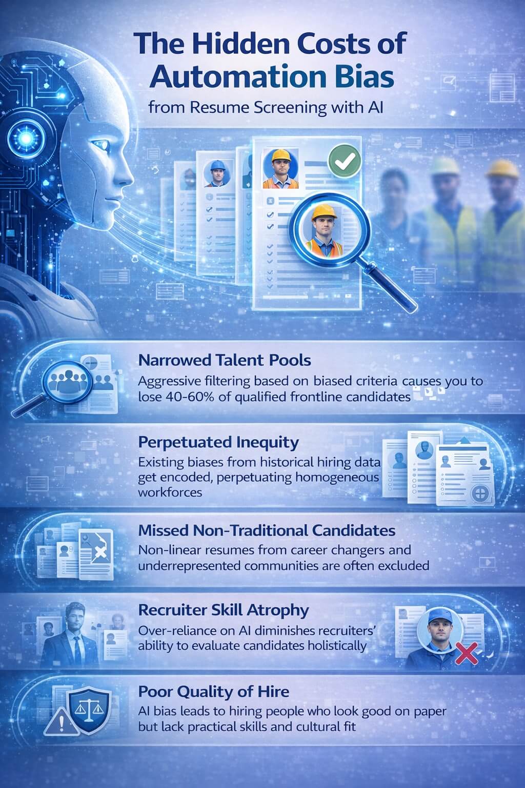 Infographic illustrating the hidden costs of automation bias in AI resume screening, including narrowed talent pools, inequity, missed candidates, recruiter skill loss, poor hiring quality, and compliance risks