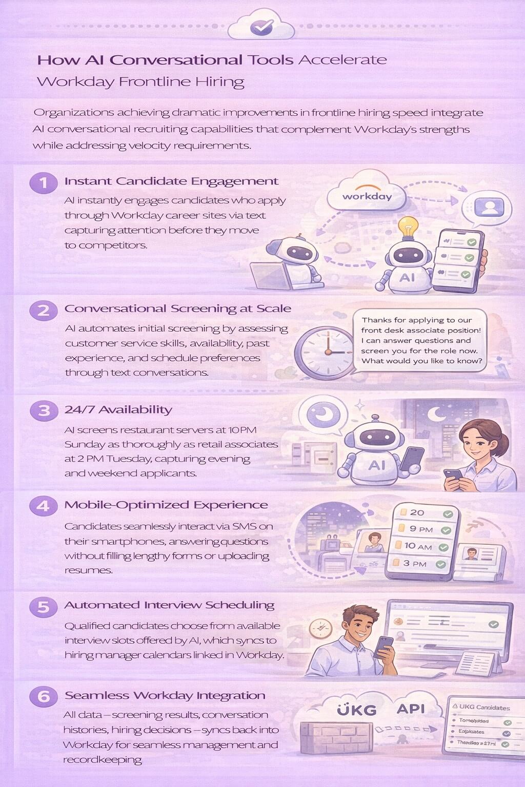 Infographic showing how AI conversational tools accelerate Workday frontline hiring through instant engagement, conversational screening, 24/7 availability, mobile-first experience, automated interview scheduling, and seamless Workday integration.