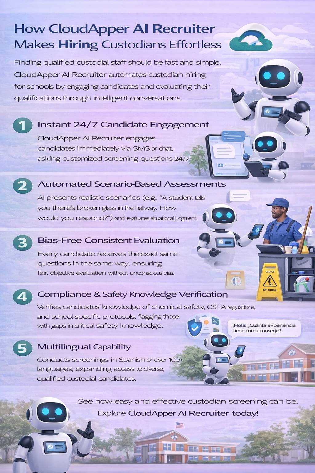 Infographic showing how CloudApper AI Recruiter automates custodial hiring for schools through SMS screening, safety checks, and bias-free evaluation
