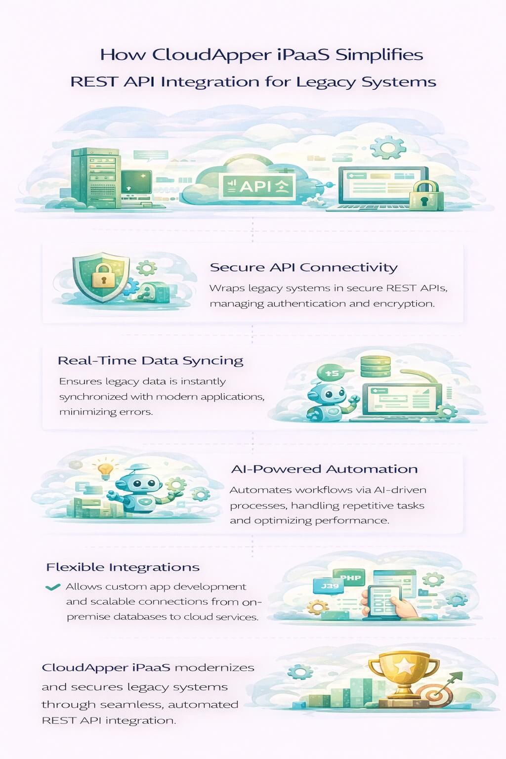 Infographic showing how CloudApper iPaaS simplifies REST API integration for legacy systems through secure APIs, real-time data sync, AI automation, and scalable integrations