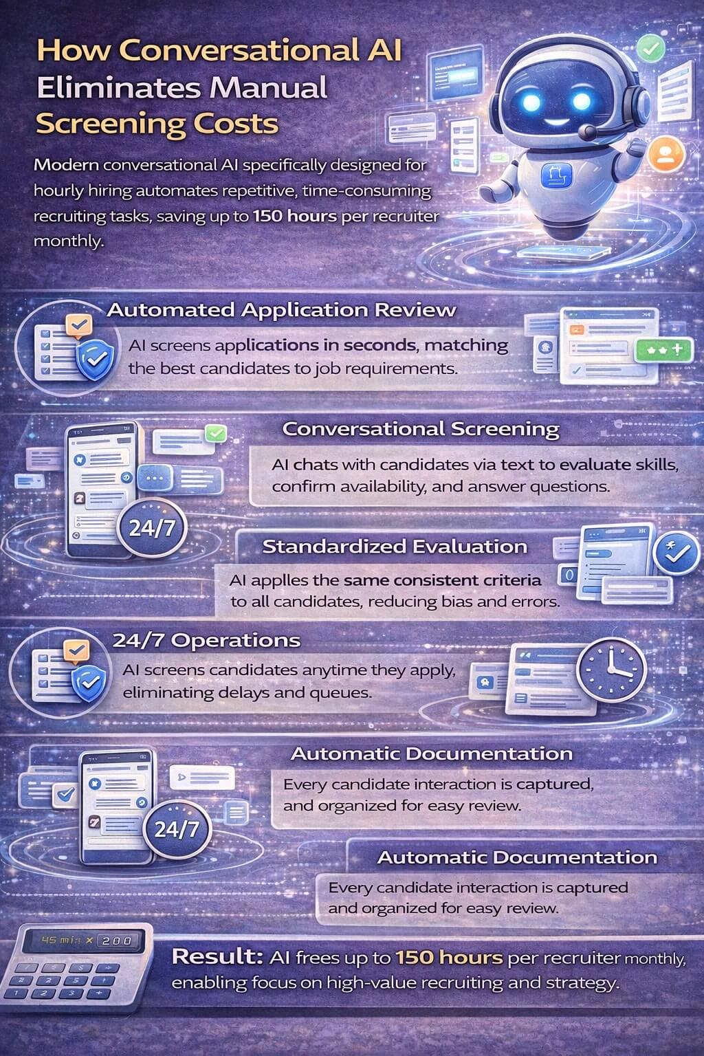 Infographic showing how conversational AI automates application review, screening, and documentation to eliminate manual screening costs in frontline hiring.