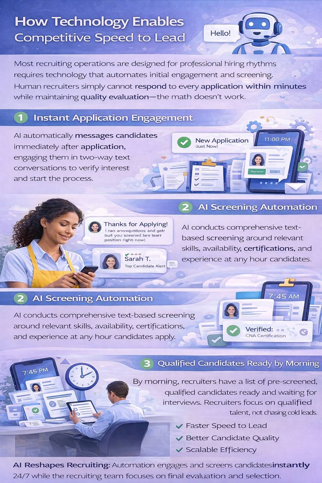 Infographic showing how AI-powered recruiting technology enables fast speed to lead through instant candidate engagement, automated screening, and qualified applicants ready for recruiters within hours.