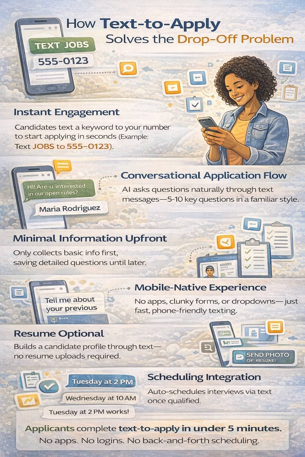 Infographic explaining how text-to-apply reduces application drop-off through instant SMS engagement, conversational applications, minimal upfront questions, mobile-first design, resume-optional screening, and automatic interview scheduling.