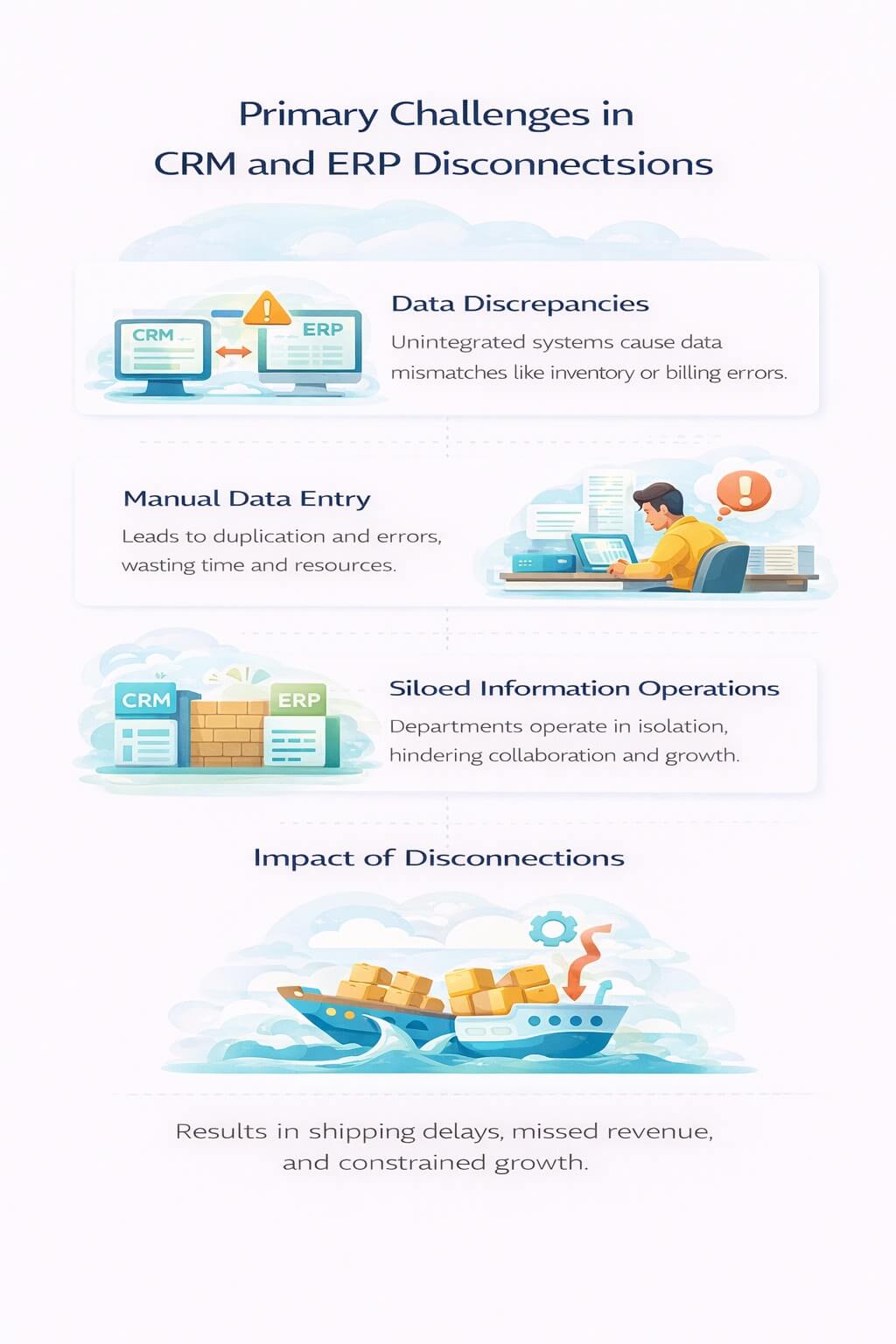 Infographic showing primary challenges caused by CRM and ERP disconnections including data discrepancies, manual data entry errors, and siloed operations