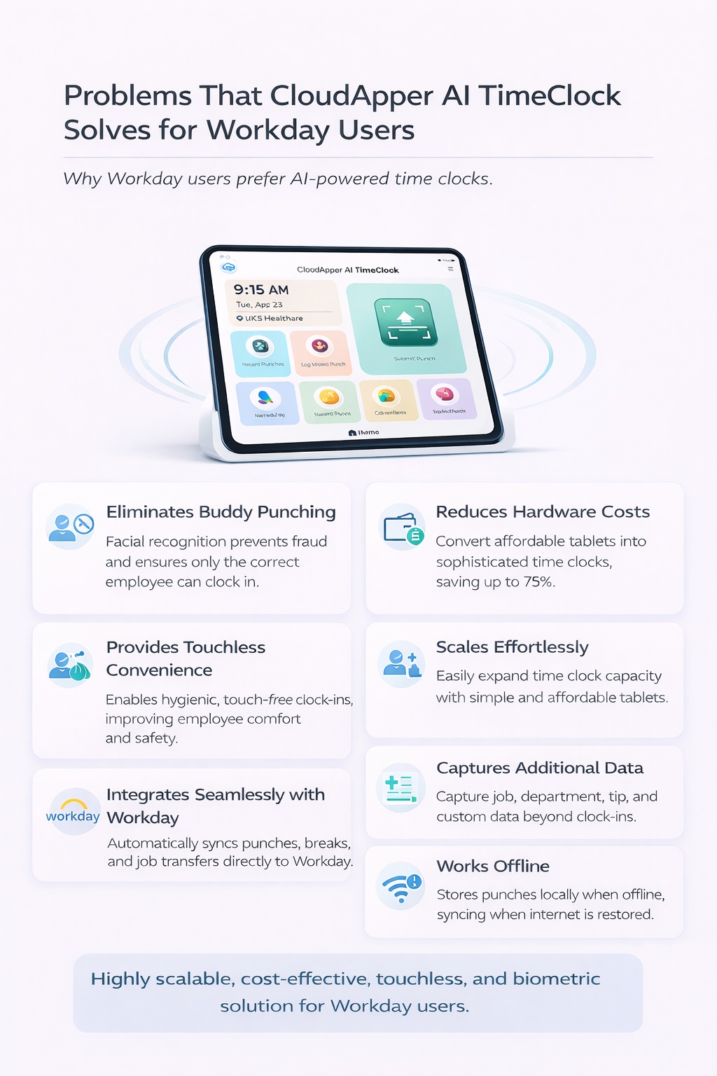 Infographic showing problems CloudApper AI TimeClock solves for Workday users, including eliminating buddy punching, reducing hardware costs, touchless clock-ins, seamless Workday integration, scalability, offline support, and additional data capture.