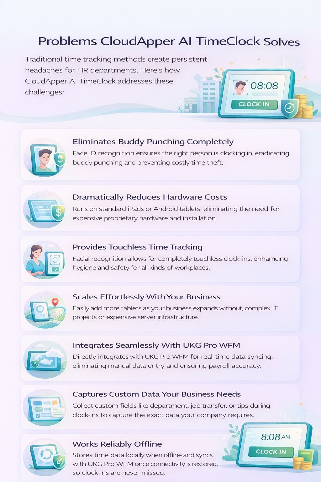 Infographic showing the key problems CloudApper AI TimeClock solves, including eliminating buddy punching, reducing hardware costs, enabling touchless time tracking, scaling easily, integrating with UKG Pro WFM, capturing custom data, and working offline.