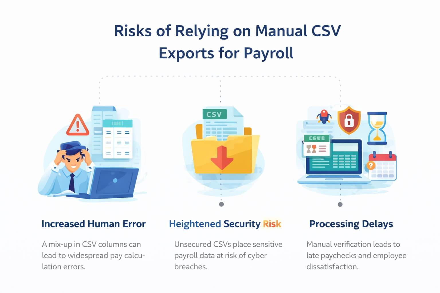 Infographic showing risks of manual CSV exports for payroll including human error, security breaches, and processing delays