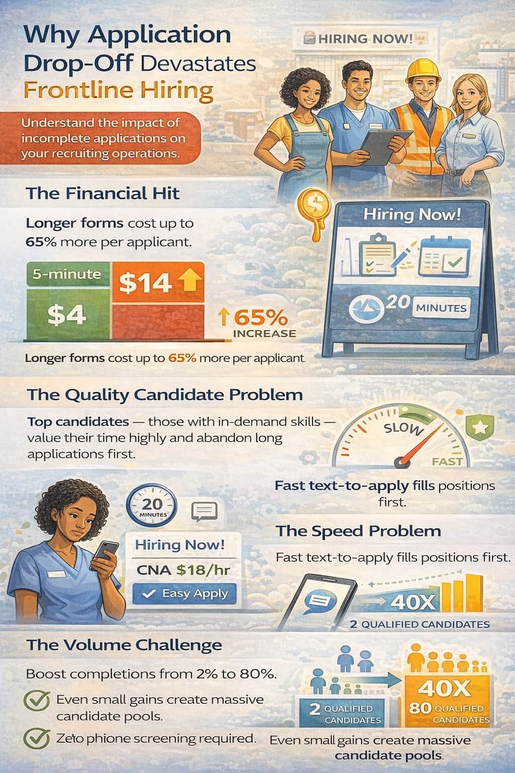 Infographic showing how application drop-off impacts frontline hiring, highlighting higher cost-per-hire, loss of top candidates, slower hiring speed, and reduced applicant volume compared to fast text-to-apply methods.