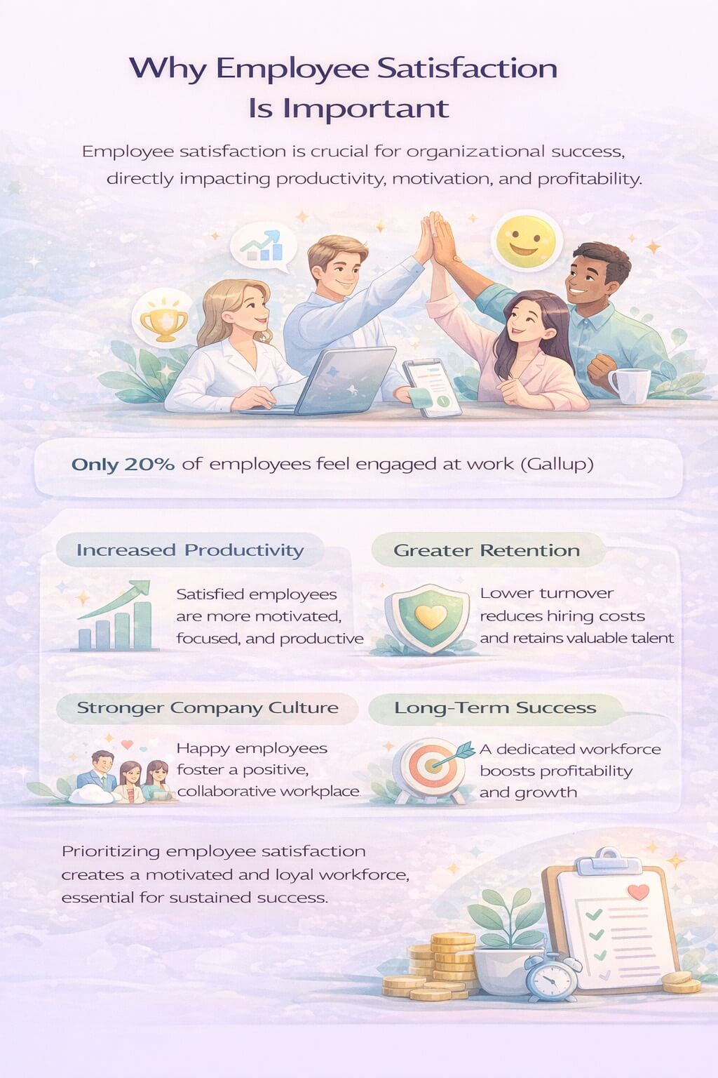 Infographic explaining why employee satisfaction is important, highlighting engagement levels, productivity, retention, company culture, and long-term business success.