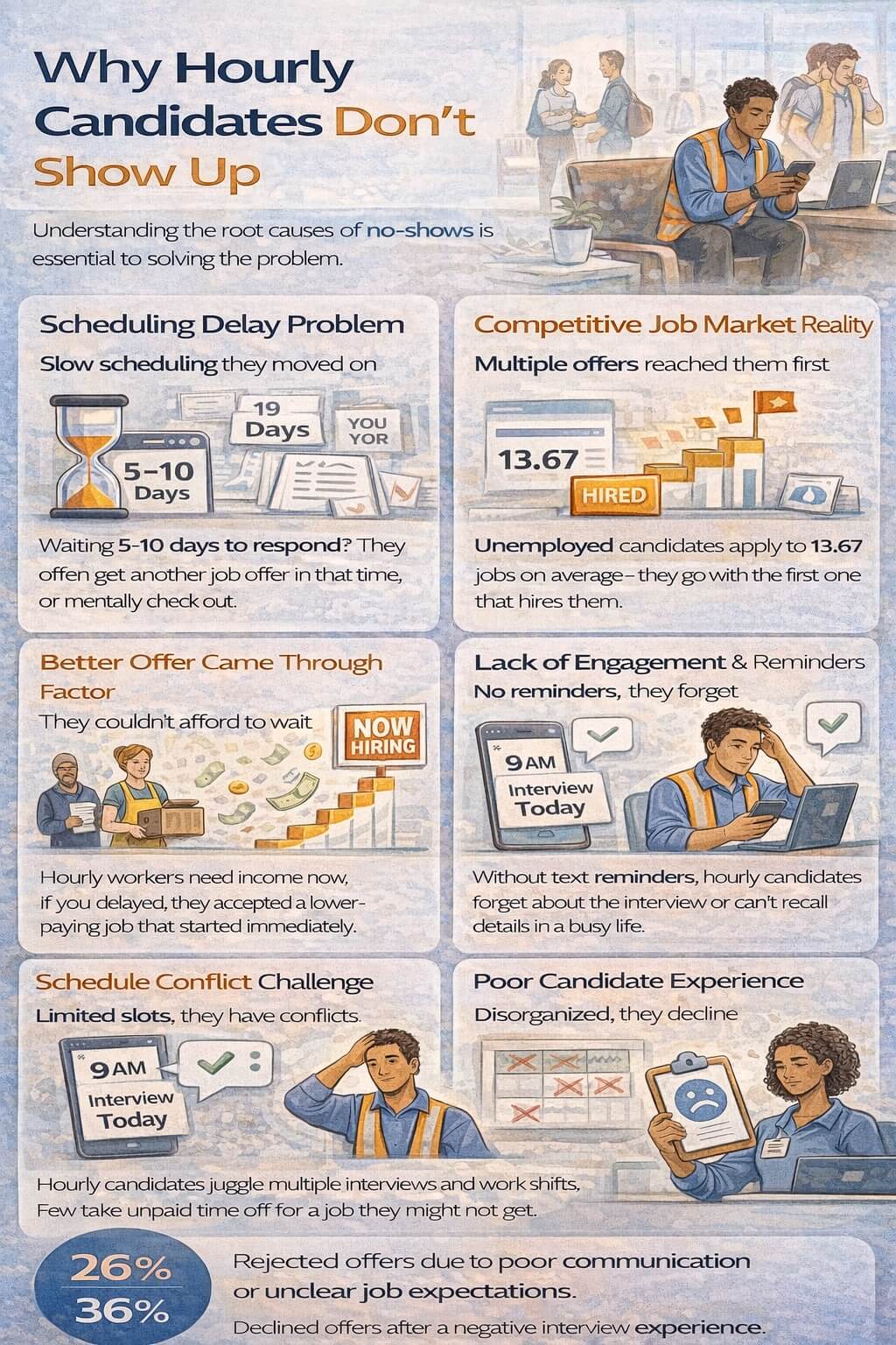Minimal infographic explaining why hourly candidates miss interviews, highlighting slow scheduling, competitive job offers, lack of reminders, schedule conflicts, and poor candidate experience.