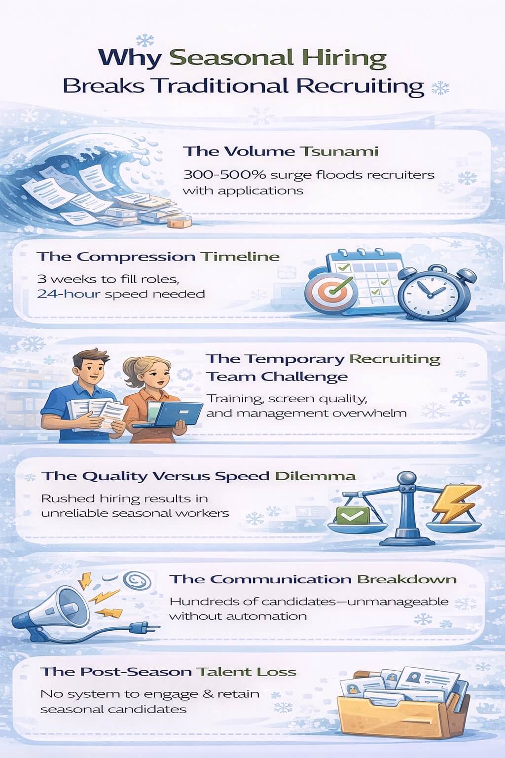 Infographic explaining why seasonal hiring overwhelms traditional recruiting, highlighting application surges, compressed timelines, temporary recruiter challenges, communication breakdowns, quality tradeoffs, and post-season talent loss.