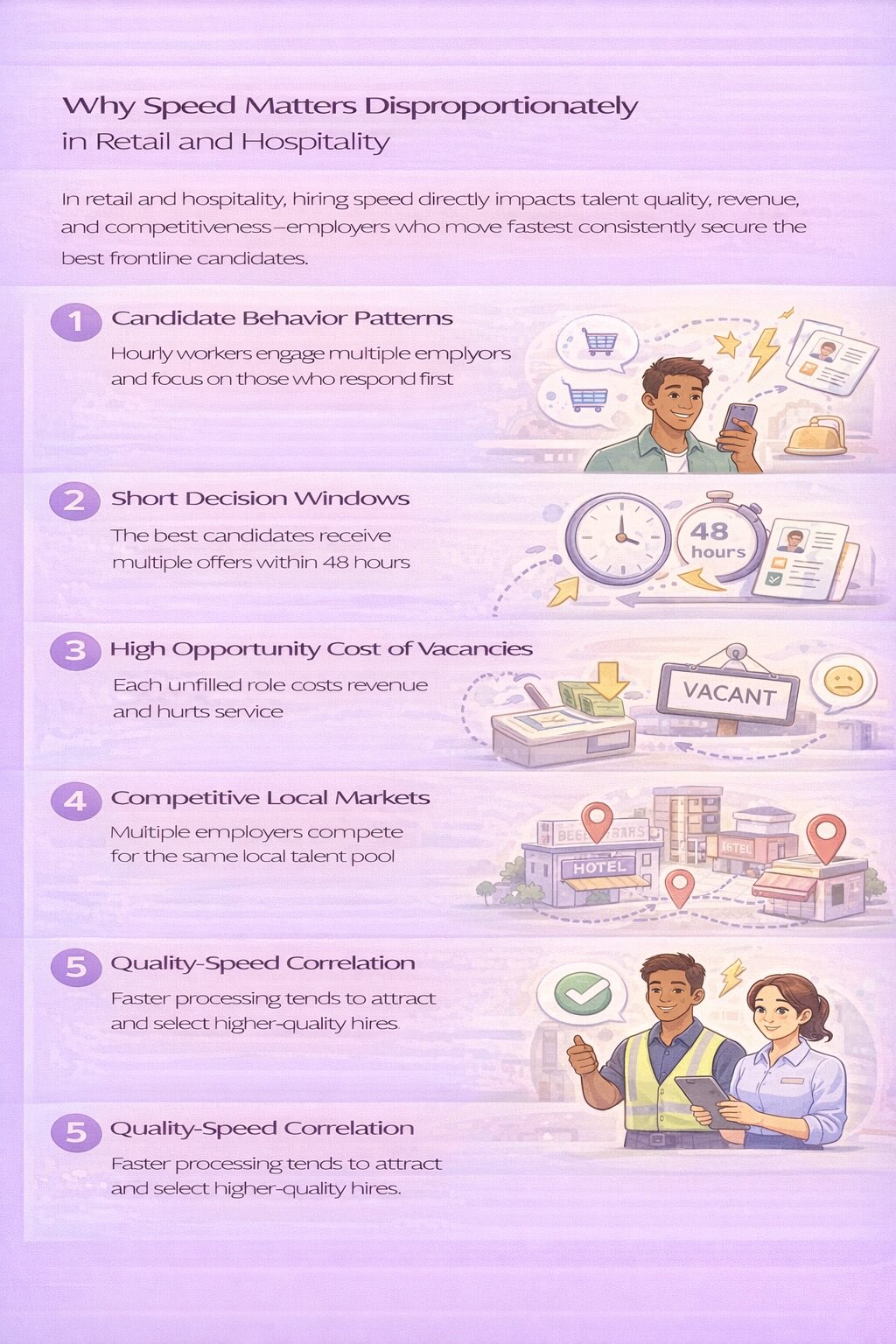 Clean infographic showing why hiring speed matters in retail and hospitality, including fast-moving candidates, short decision windows, vacancy costs, local competition, and the link between speed and hire quality.