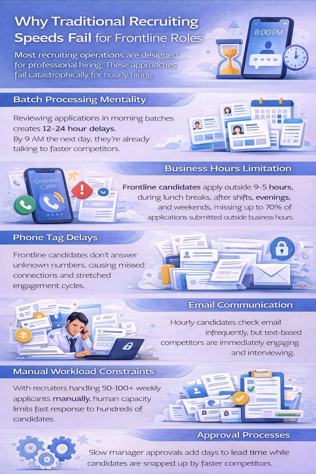Infographic explaining why traditional recruiting methods fail for frontline hiring, highlighting slow batch reviews, limited business hours, phone and email delays, manual workload limits, and approval bottlenecks.
