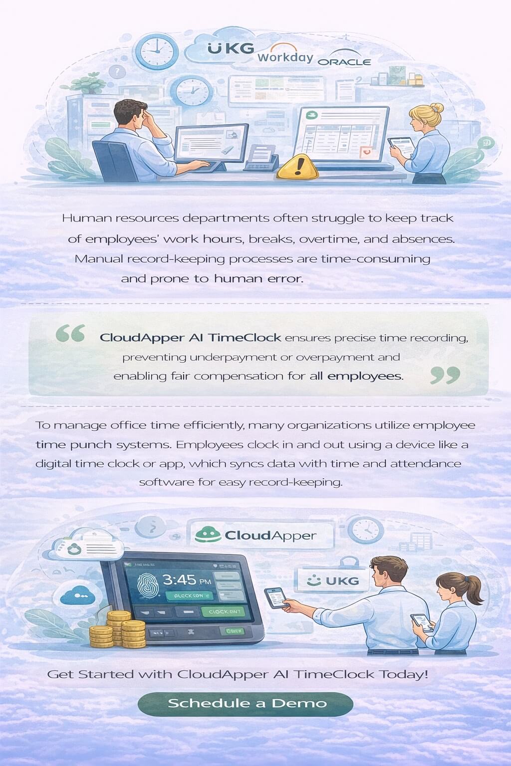 Infographic explaining the importance of employee time punch systems for UKG, Workday, and Oracle HCM, highlighting accurate time tracking, reduced manual errors, payroll precision, and a Get Started call to action.