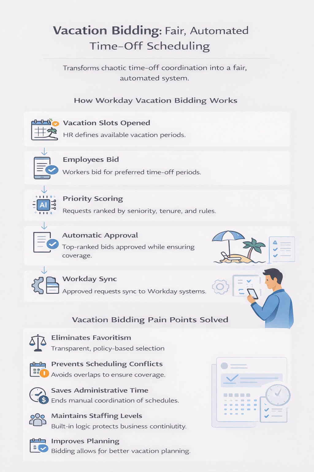 Vacation bidding infographic showing automated time-off scheduling in Workday with priority scoring, fair approvals, and staffing protection.