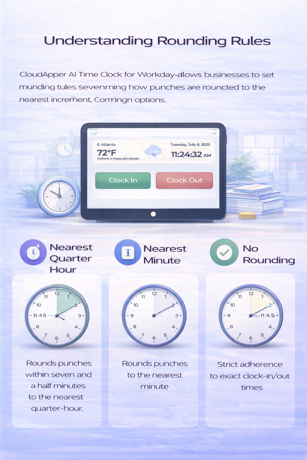 Portrait infographic explaining time punch rounding rules in CloudApper AI TimeClock for Workday, including nearest quarter hour rounding, nearest minute rounding, and no rounding options.