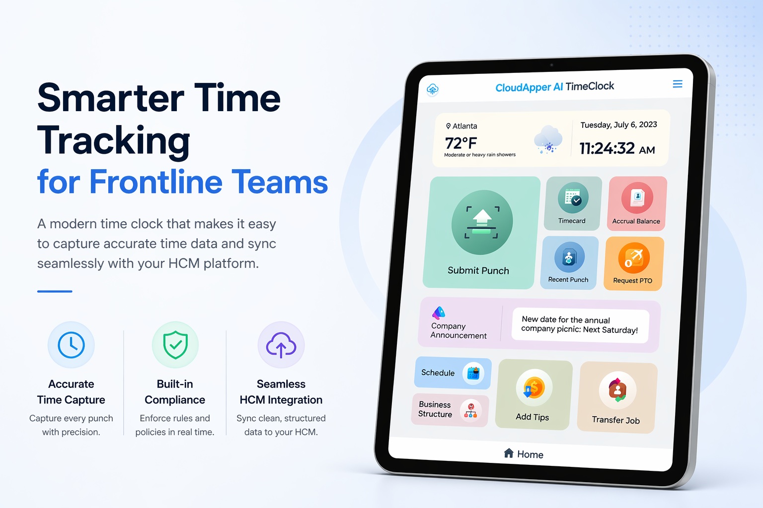 iPad-based time clock interface for frontline workforce showing punch, PTO, schedule, and self-service features integrated with HCM systems
