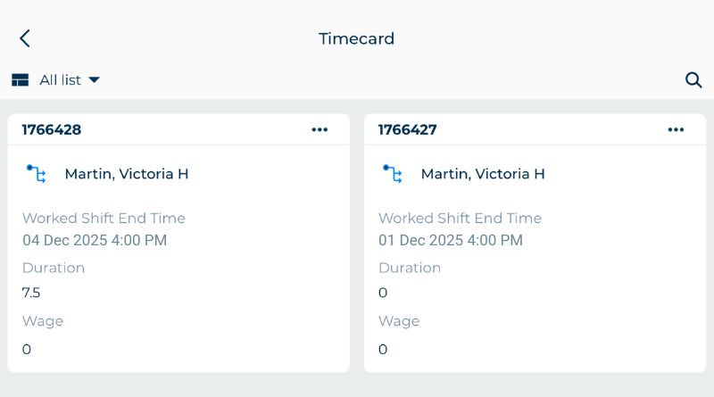 Employee timecard with hours worked data