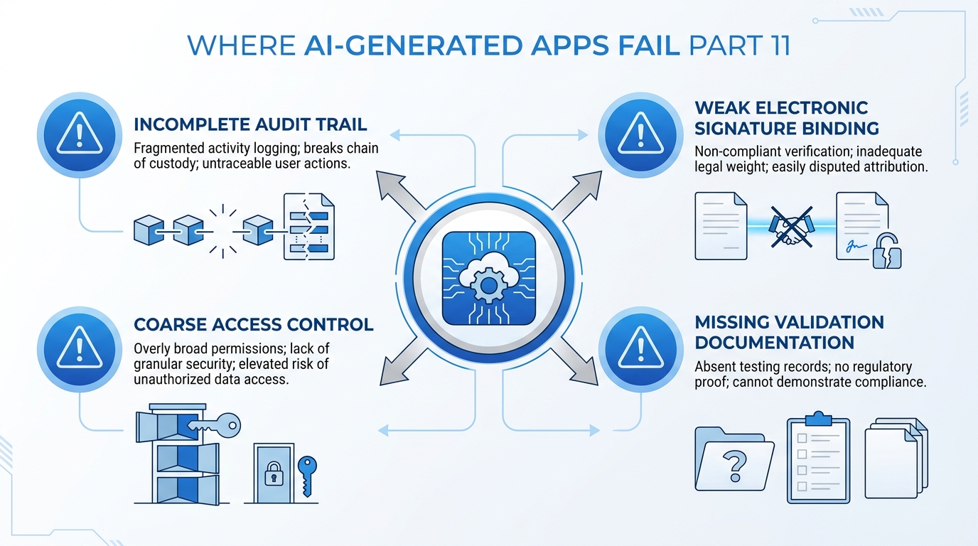 AI-generated app Part 11 compliance gaps diagram