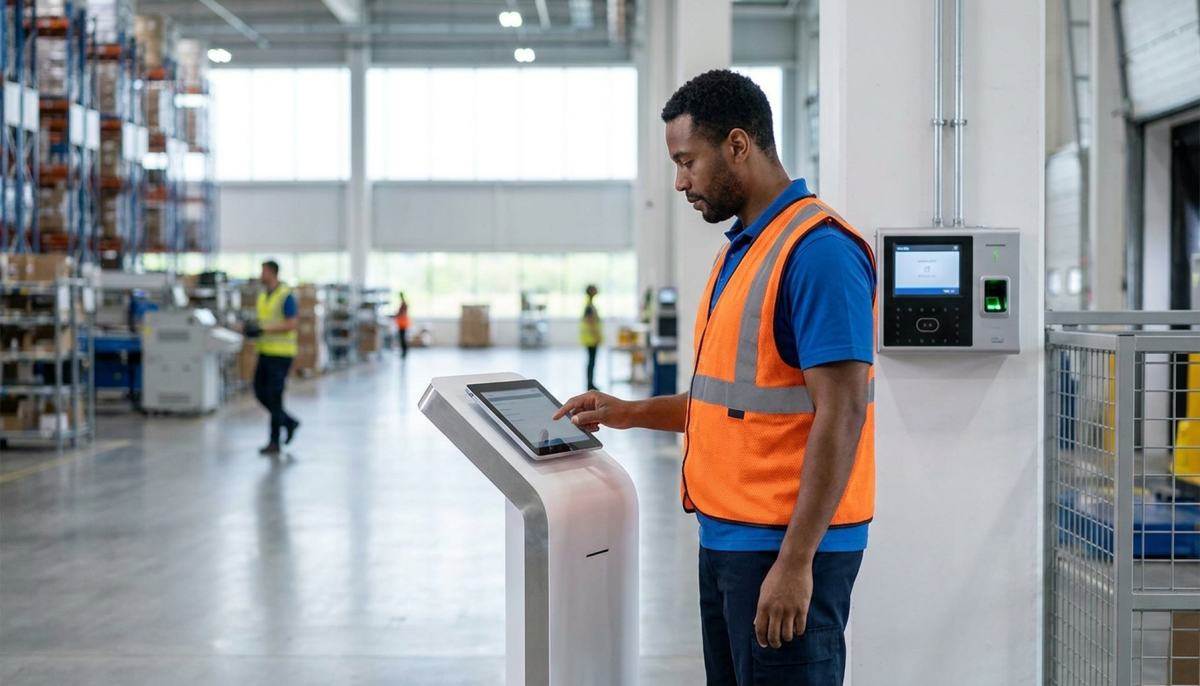 frontline worker completing compliance training at kiosk terminal