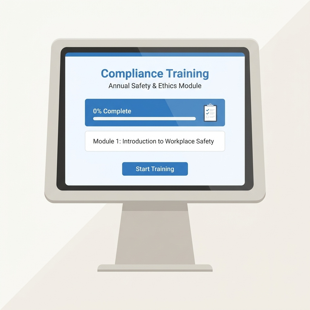 hrPad kiosk displaying compliance training at clock-in