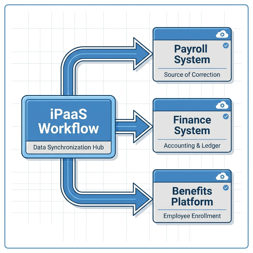 iPaaS workflow syncing payroll correction to multiple systems