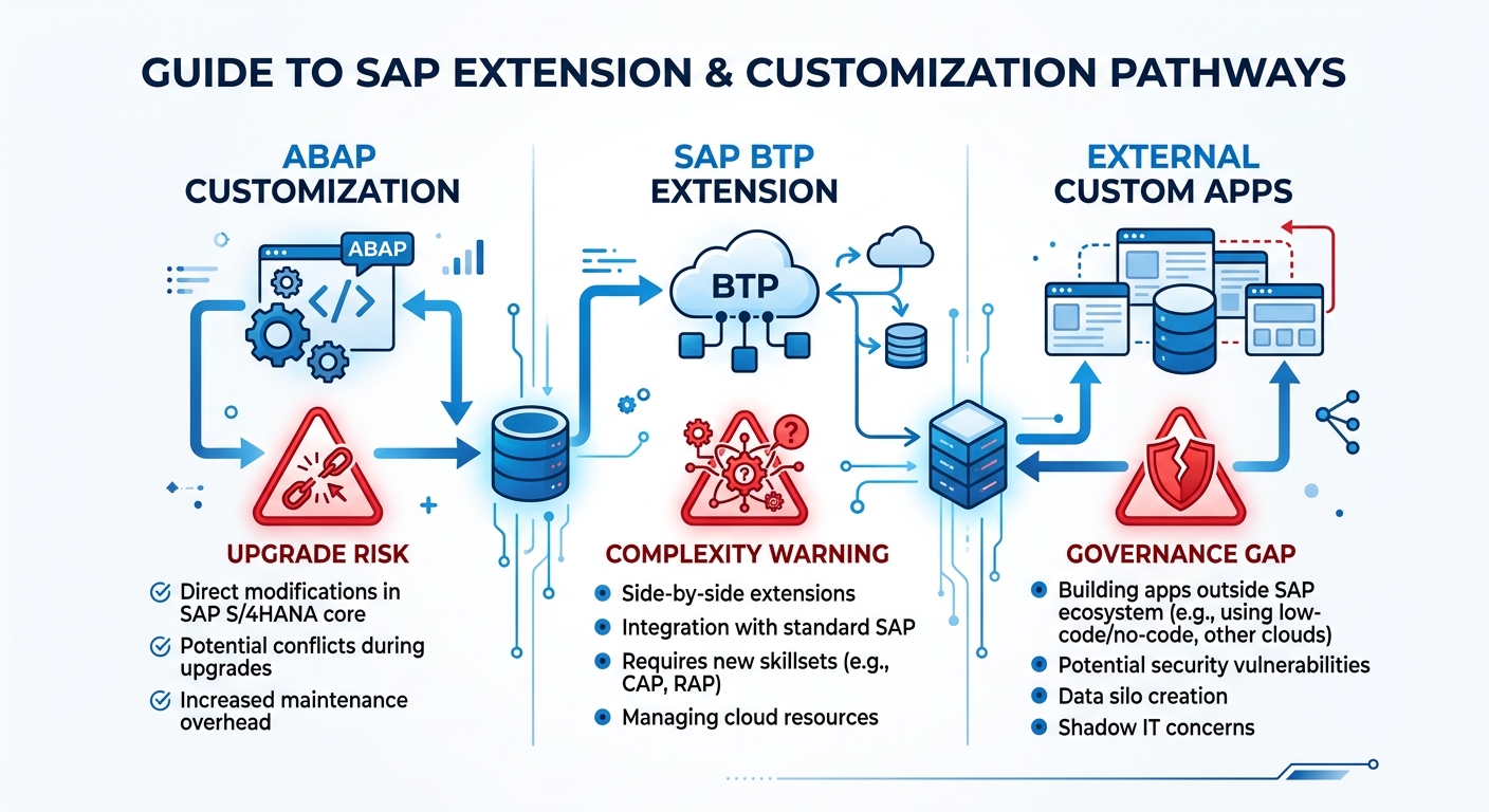 SAP extensibility gap infographic showing three development paths